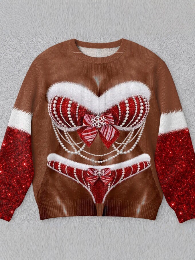 Womens 3D Printed Christmas Sweater Pullover Fleece Knit Top - Image 4