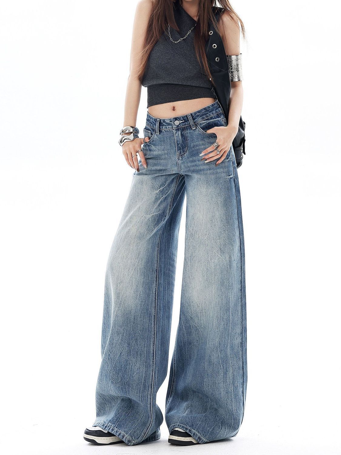 Womens Washed Flared Denim Pants - Image 2