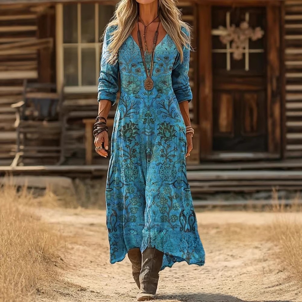 Women's printed long-sleeved V-neck dress - Image 5