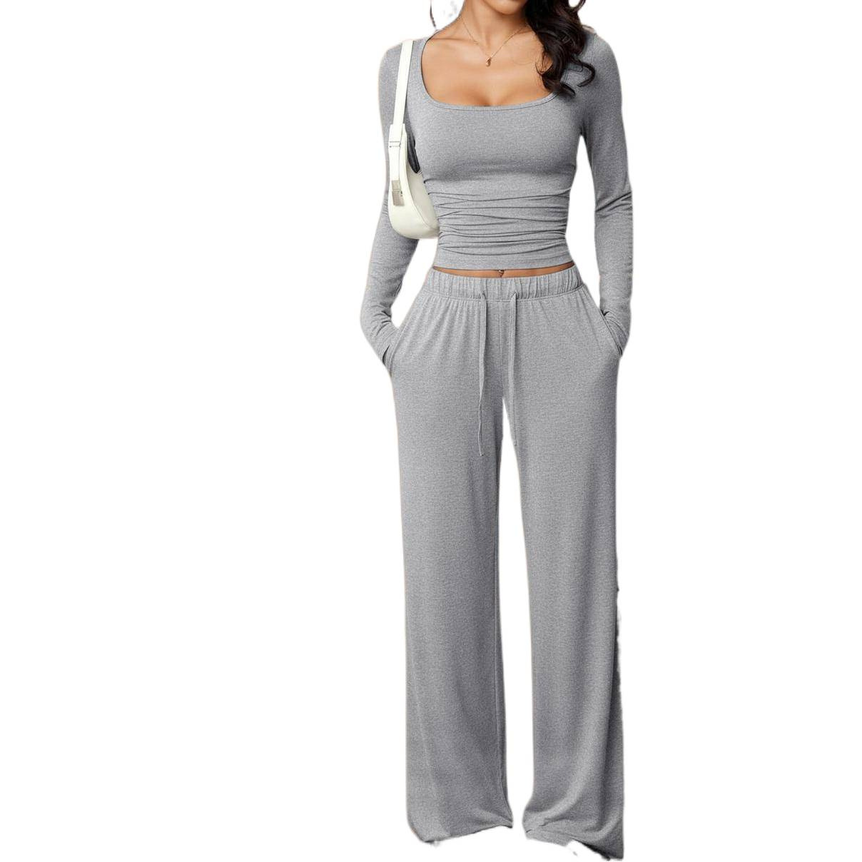 casual pants set with square-neck long-sleeve short top - Image 2