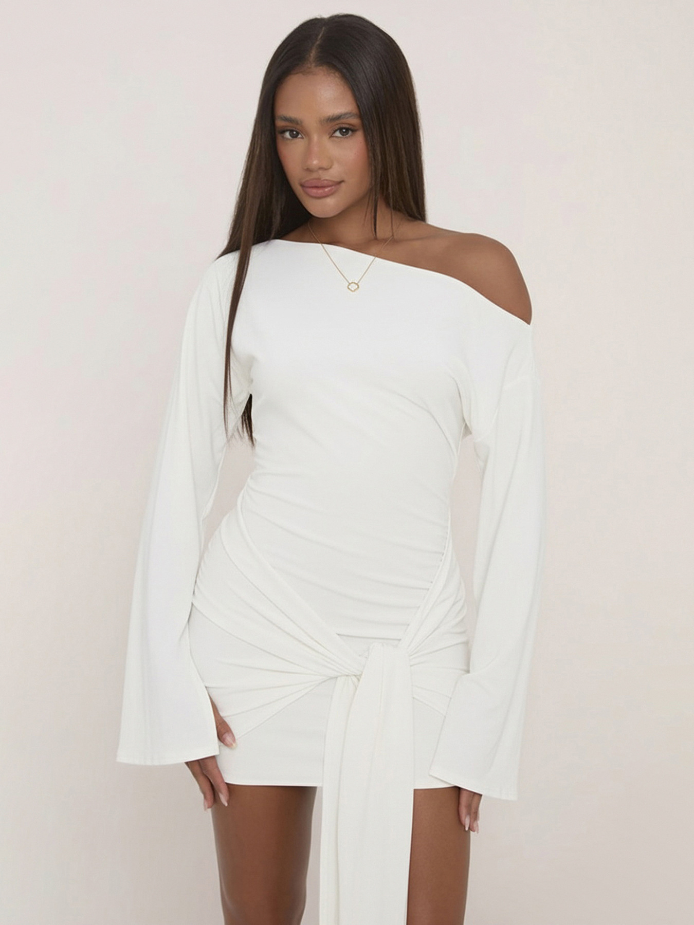 Slanted Shoulder Long Bell Sleeve Bodycon Dress - Image 2