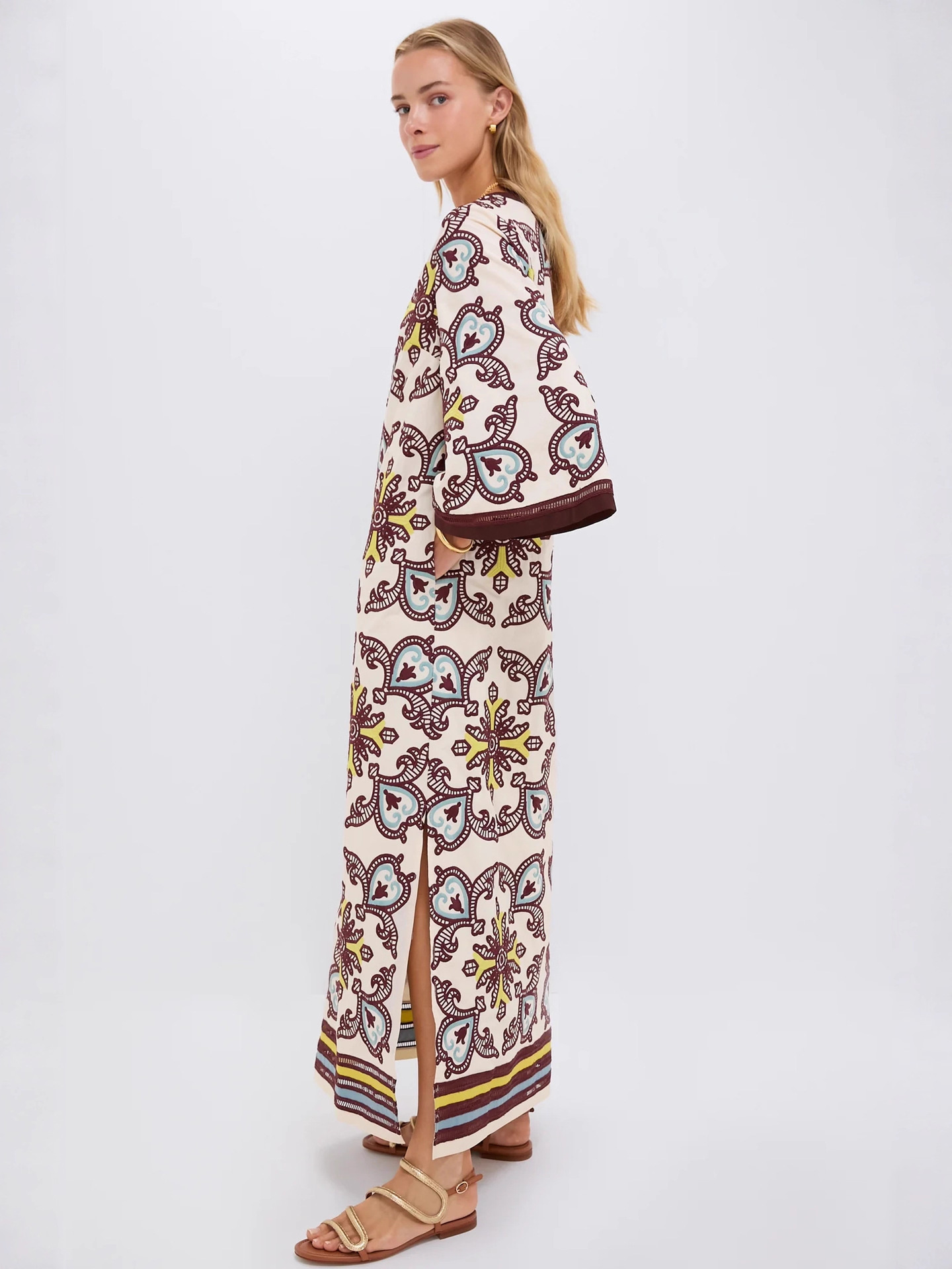 Fashion Printed Linen Blend A-Line Dress with Bell Sleeves - Image 2
