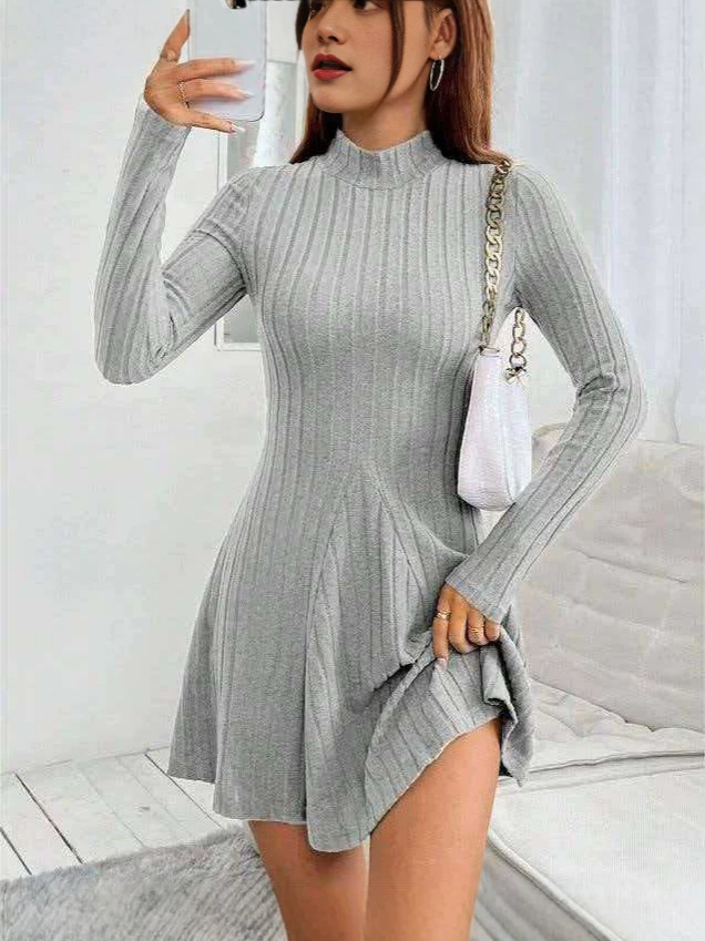 Women's Slim Fit Solid Color Long Sleeve Knitted Dress - Image 5