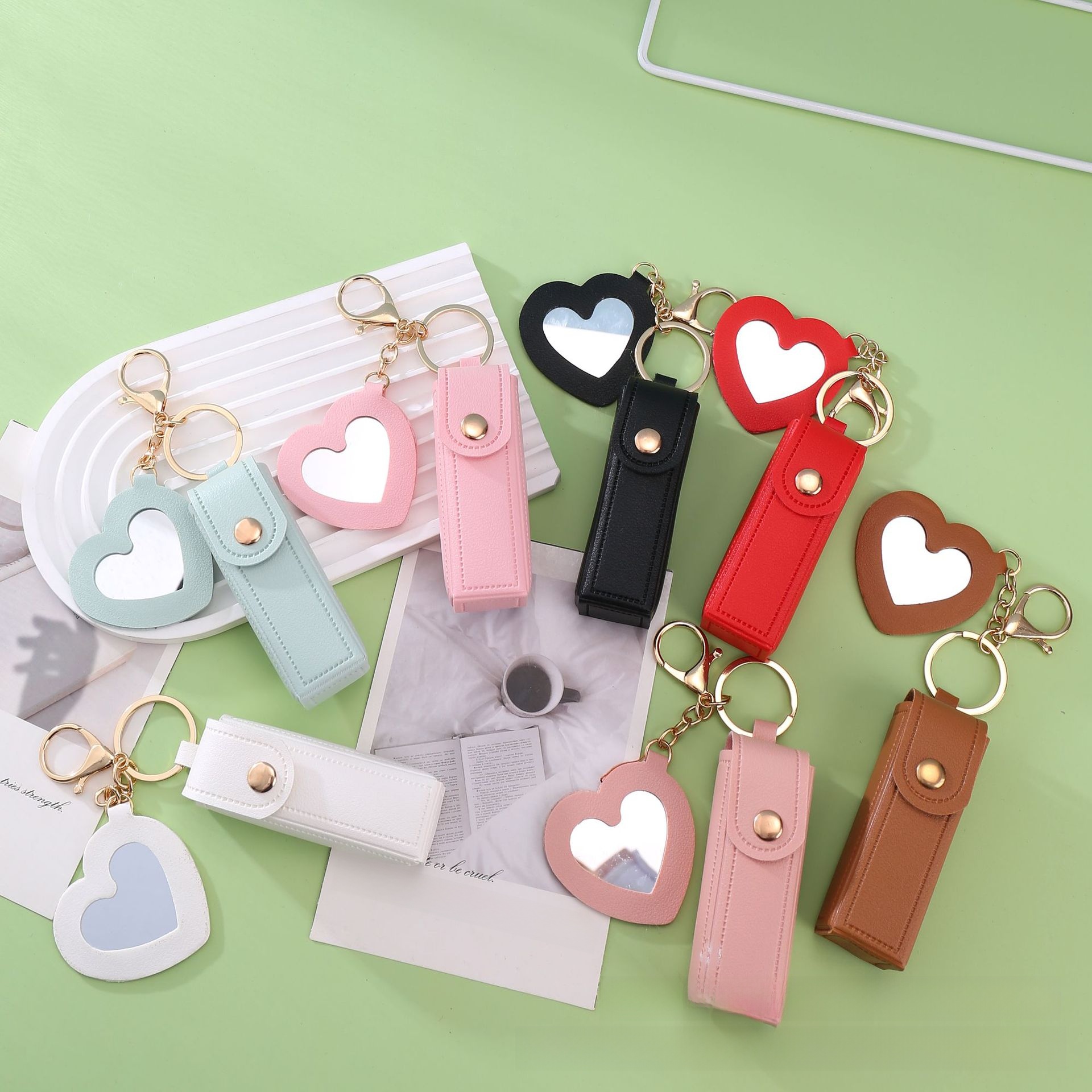 Portable PU Leather Lipstick Pouch with Mirror and Keychain - Image 4