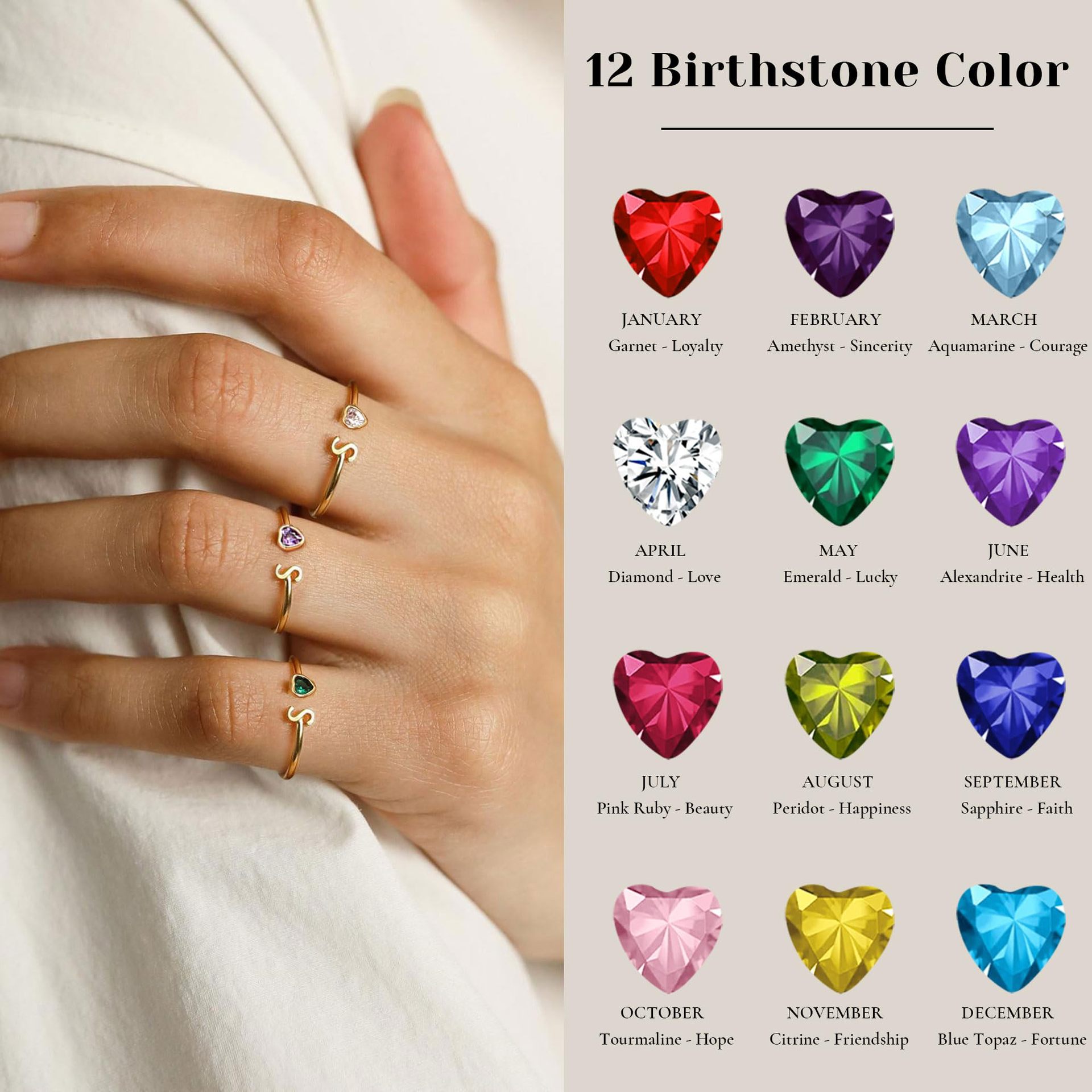 Adjustable Letter Birthstone Ring Gold Plated Jewelry - Image 2