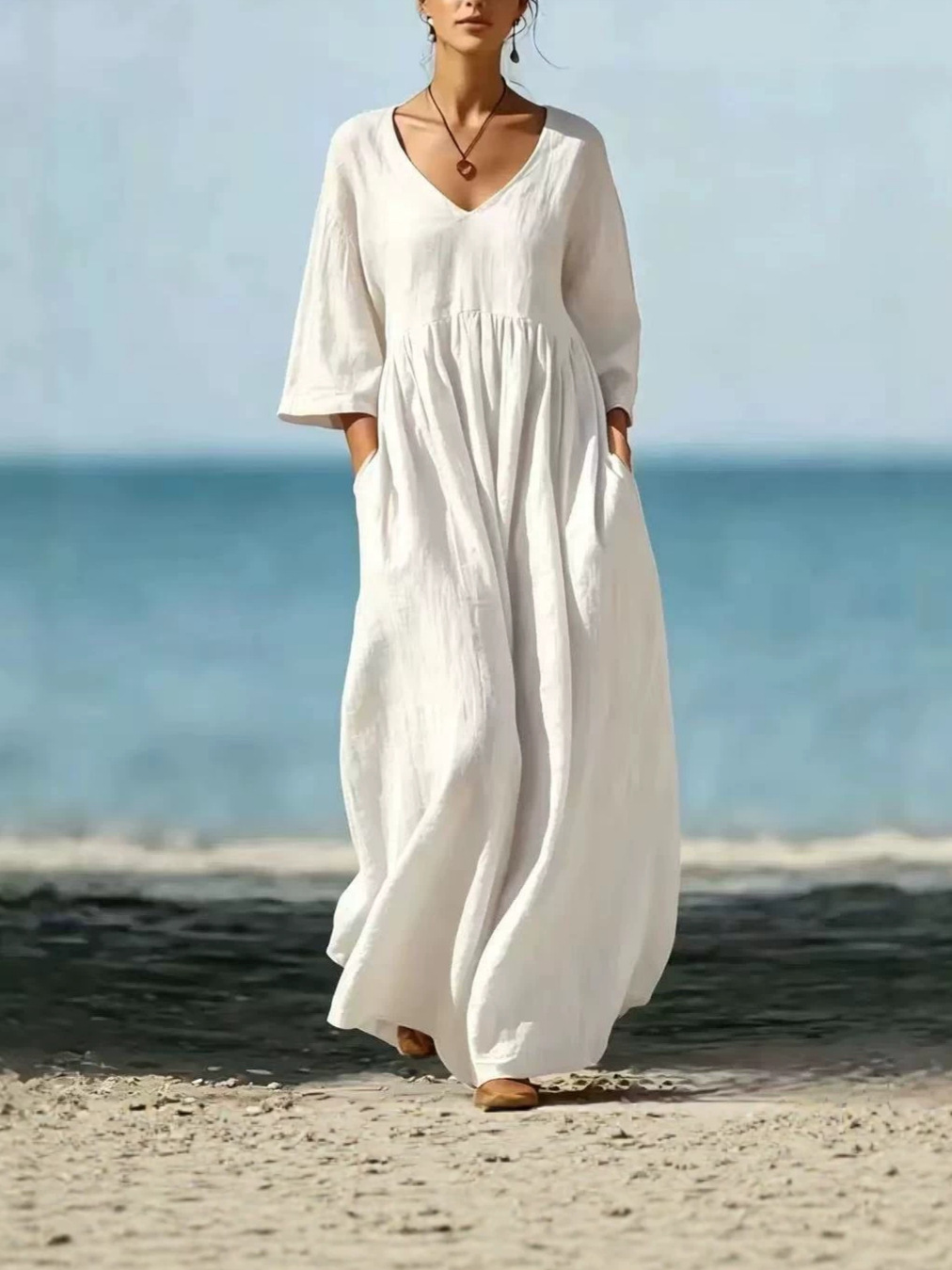 V-Neck Half-Sleeve Casual Loose Long Cotton-Linen Blend Dress - Image 2