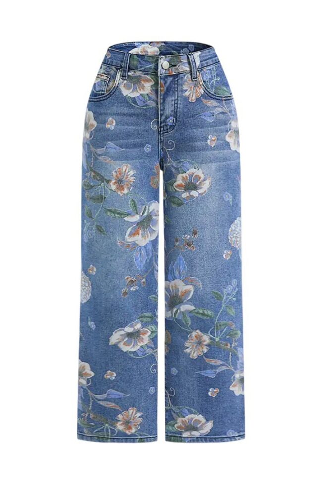 The Iris Printed Denim Wide Leg Pants Detail – La Rose Couture Trousers & Skirts