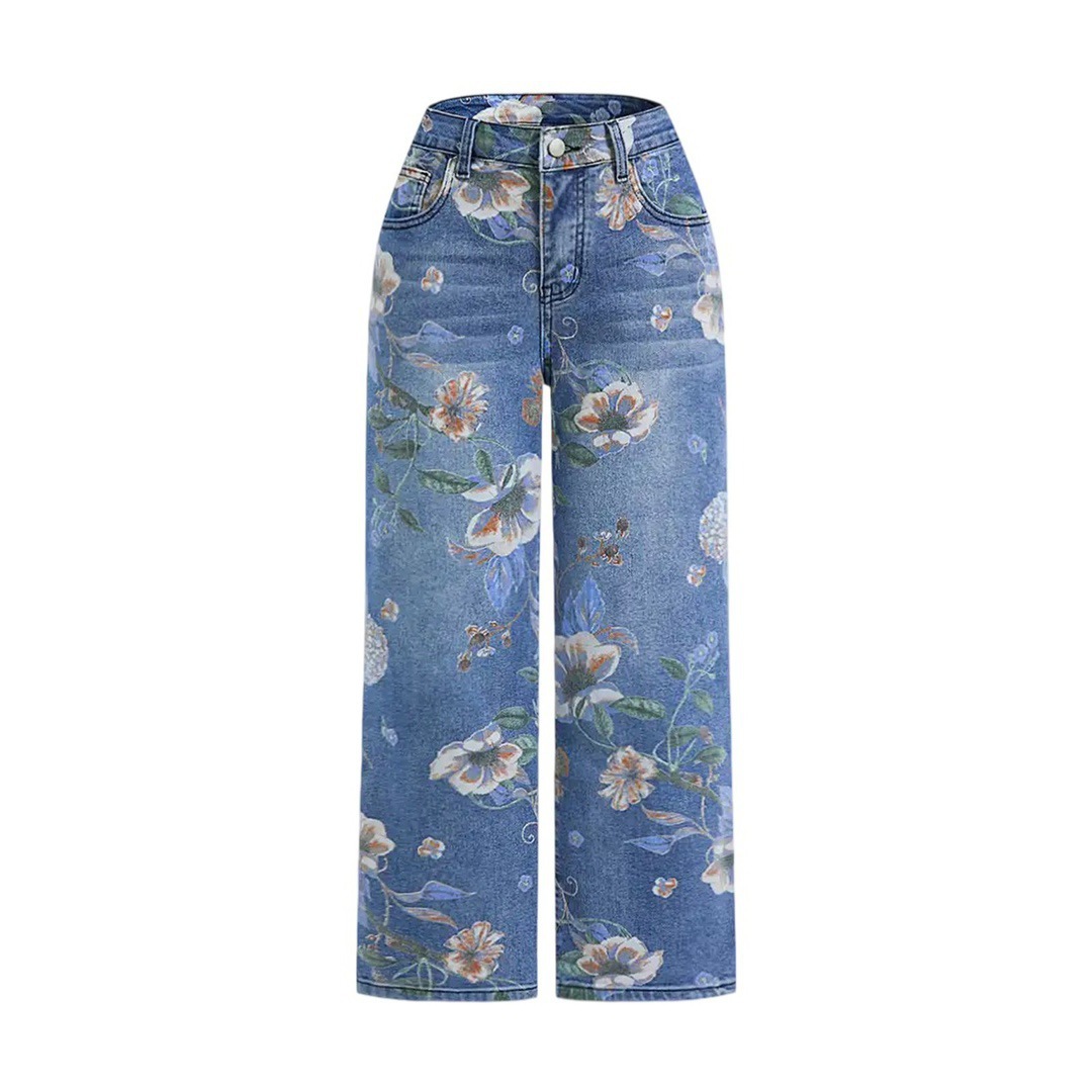 Women's Printed Denim Wide-Leg Pants - Image 2