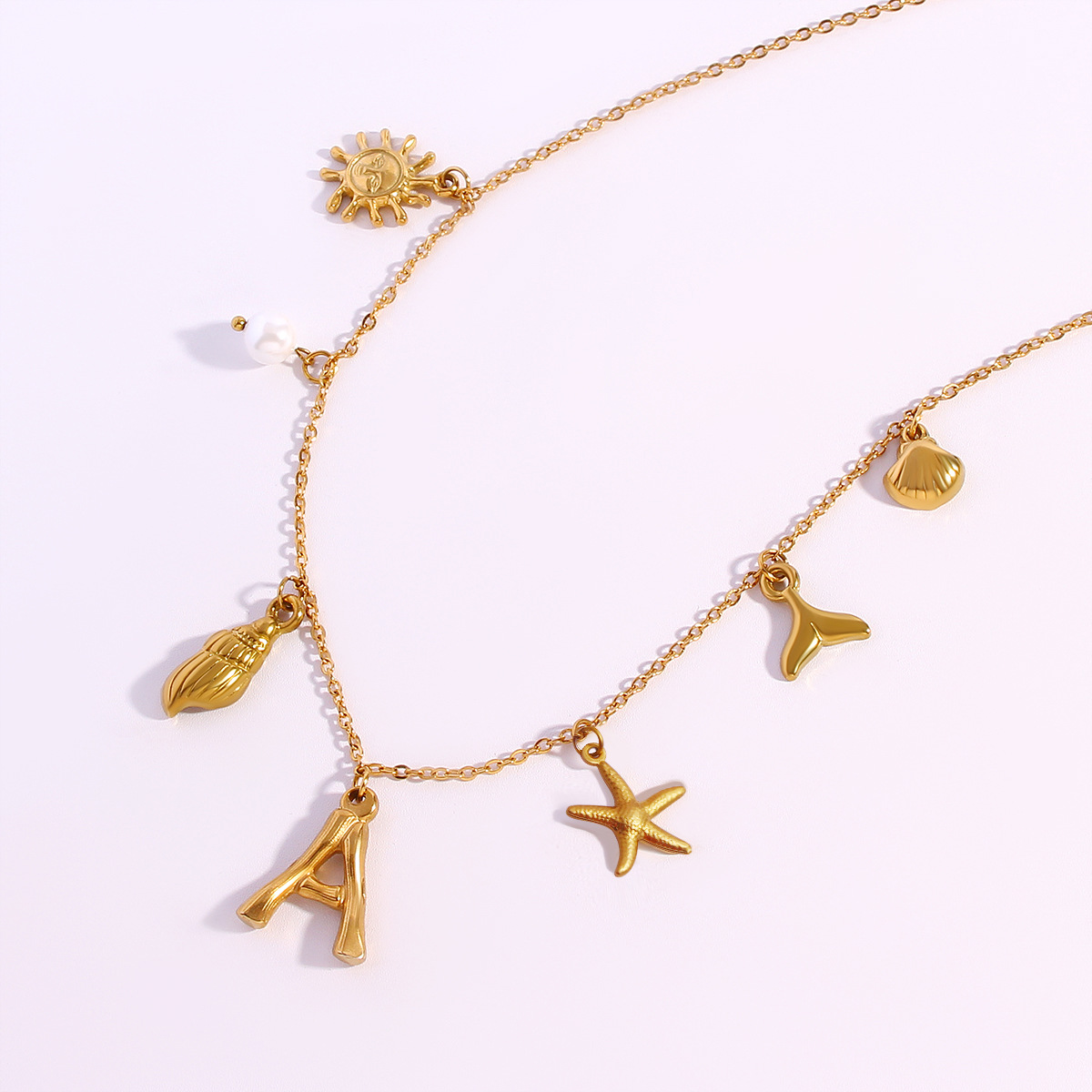 Women's 18K Gold Plated Letter Pendant Ocean Charm Necklace