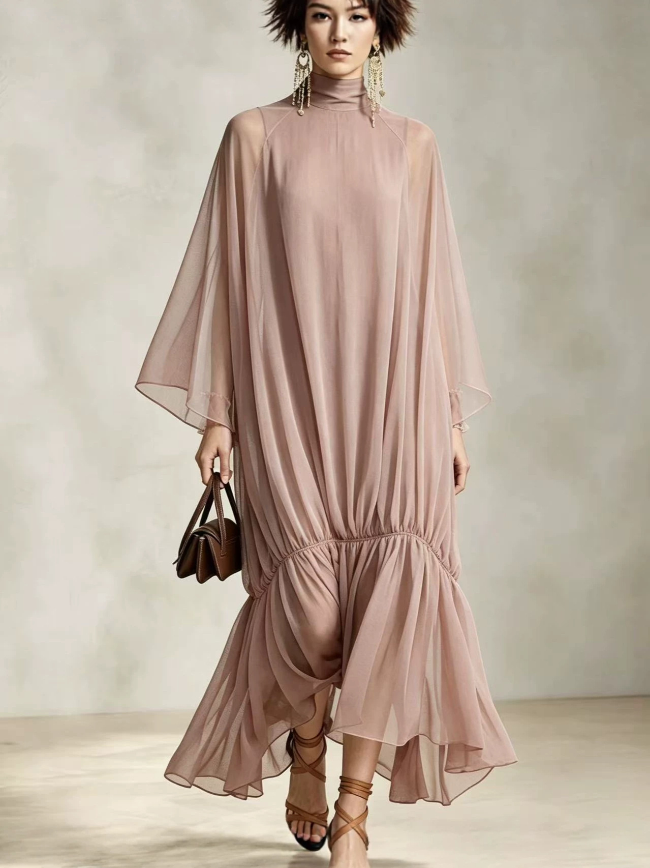 Loose Fit Pleated Dress with Batwing Sleeves - Image 2