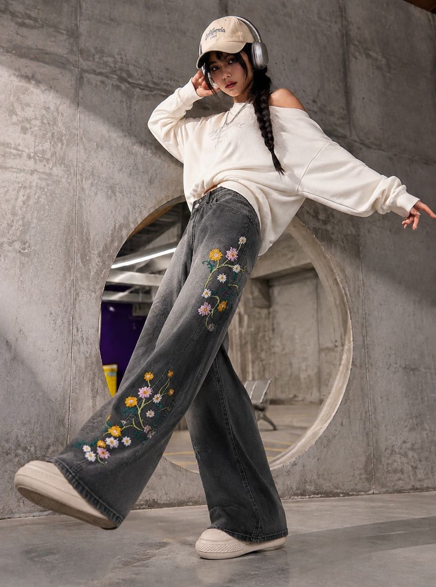 Floral Embroidered Wide Leg Pants - Image 4