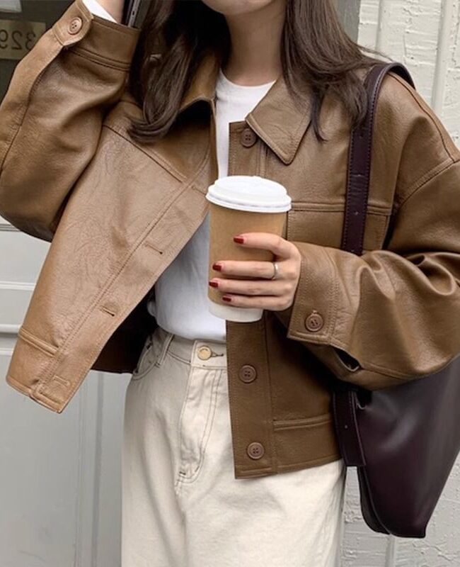 The Laurene Vintage Pu Leather Jacket Stand Collar Long Sleeve Zip Up Short Coat Detail – La Rose Couture Coats & Jackets