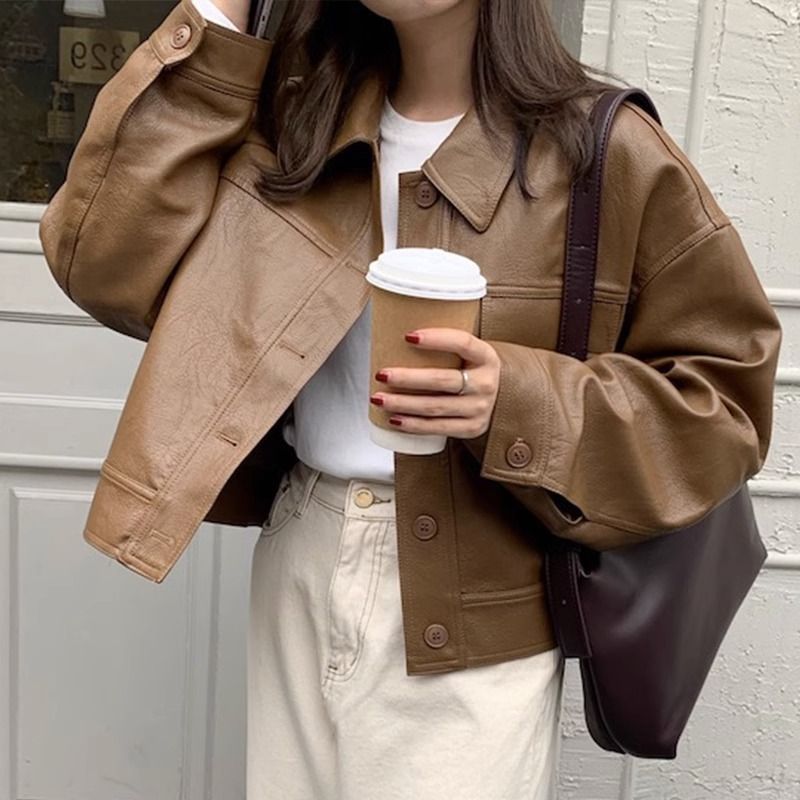 Women's Vintage PU Leather Jacket Stand Collar Long Sleeve Zip-Up Short Coat - Image 2