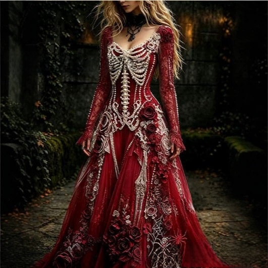 Lady's retro gothic skull rose print long-sleeved dress - Image 3