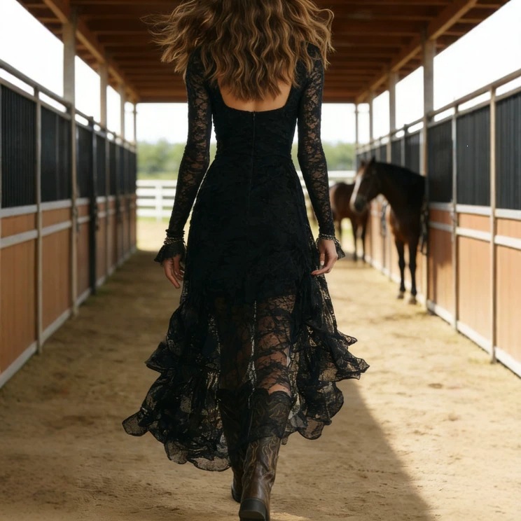 Long Sleeve Square Neck Lace Dress - Image 2