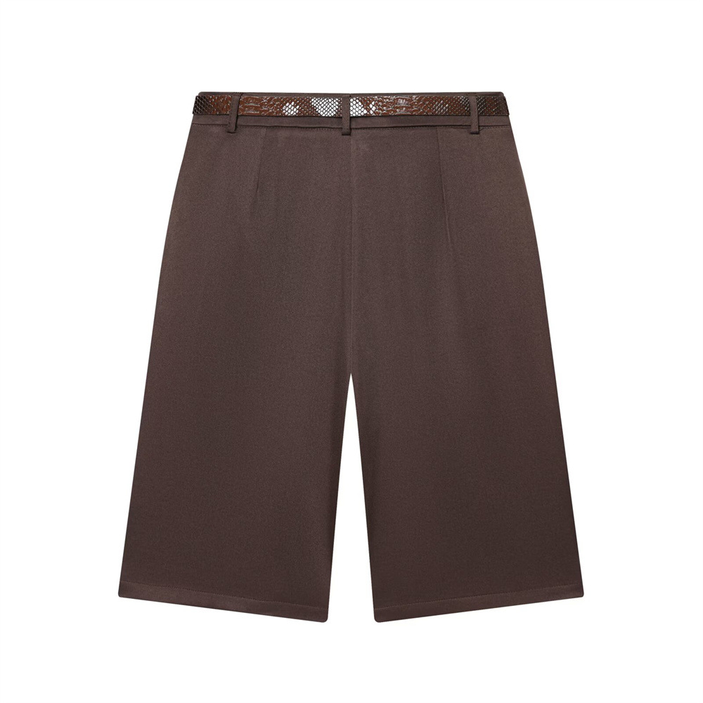 Women's high-waisted zipper pleated short pants with belt - Image 2