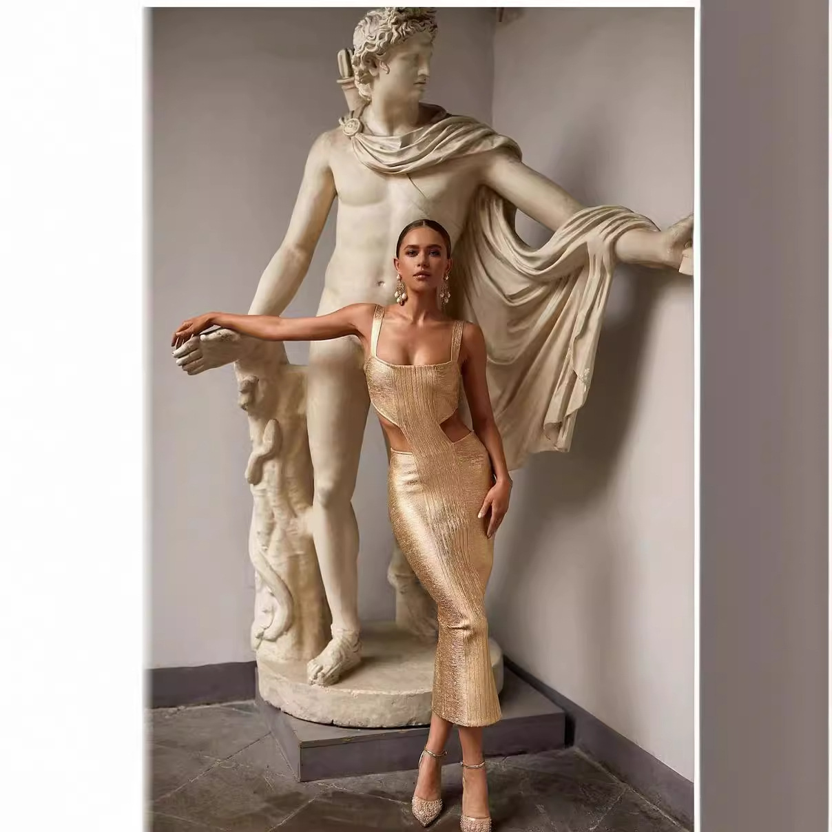 Light Luxury Gold Bodycon Midi Dress for Party Events - Image 4