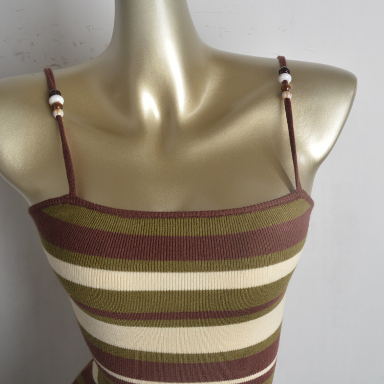 Summer High-End Fashion Knitted Color-Block Striped Pleated Spaghetti Strap Dress - Image 3