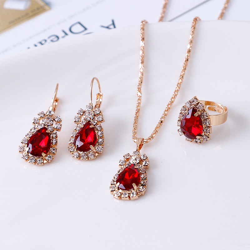 European and American Personalized Water Drop Rhinestone Necklace Earrings Ring Set - Image 5