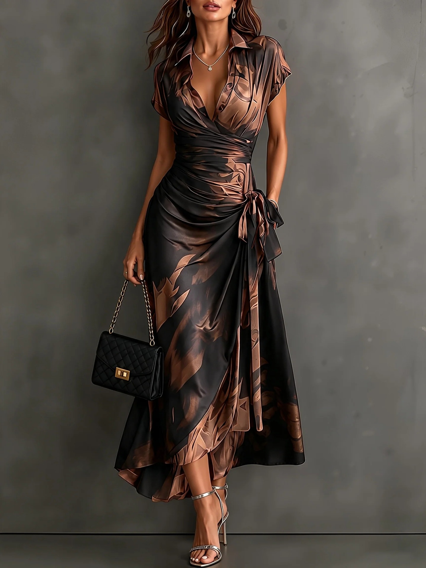Womens Ink Print Wrap Dress with Collar Short Sleeves High Waist Tie Side Slit - Image 4