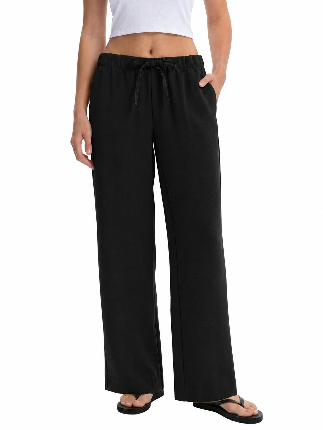 Women Elastic Waist Drawstring Wide Leg Pants - Image 5