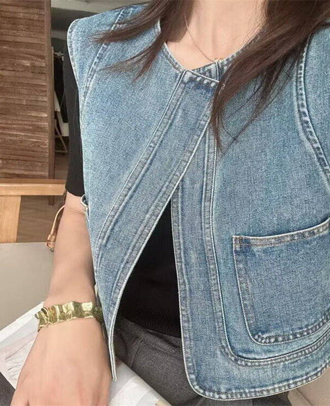 The Diane Vintage Minimalist Sleeveless Denim Blue Outerwear Vest Detail – La Rose Couture Coats & Jackets
