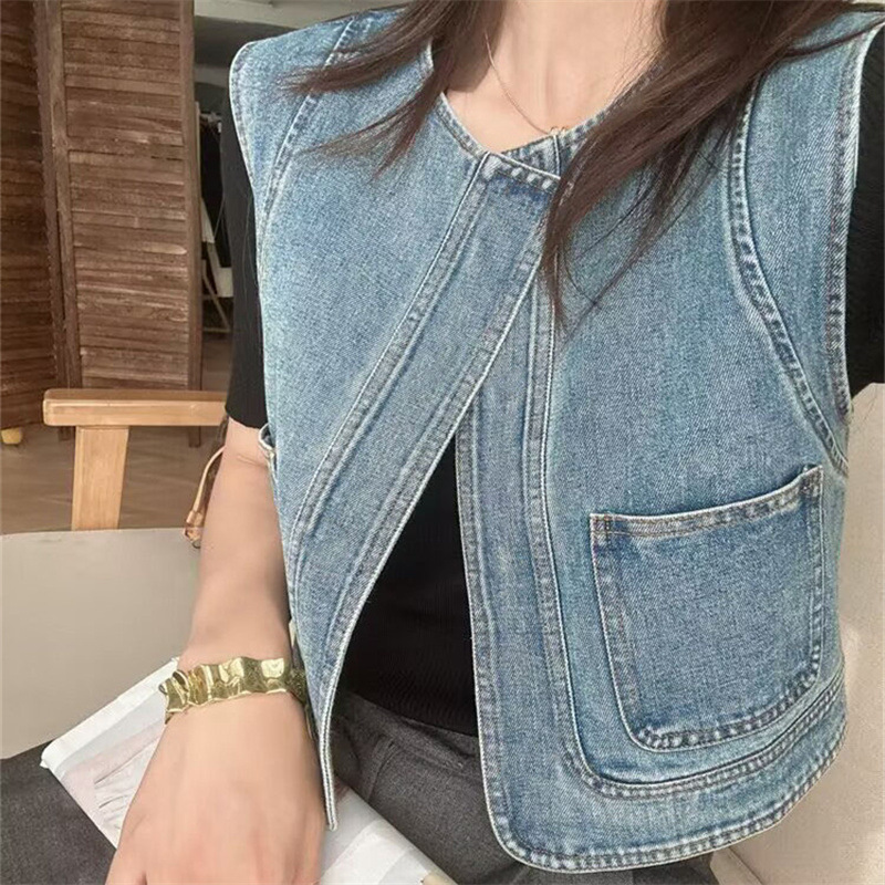 Women Vintage Korean Style Sleeveless Denim Blue Outerwear Vest - Image 5