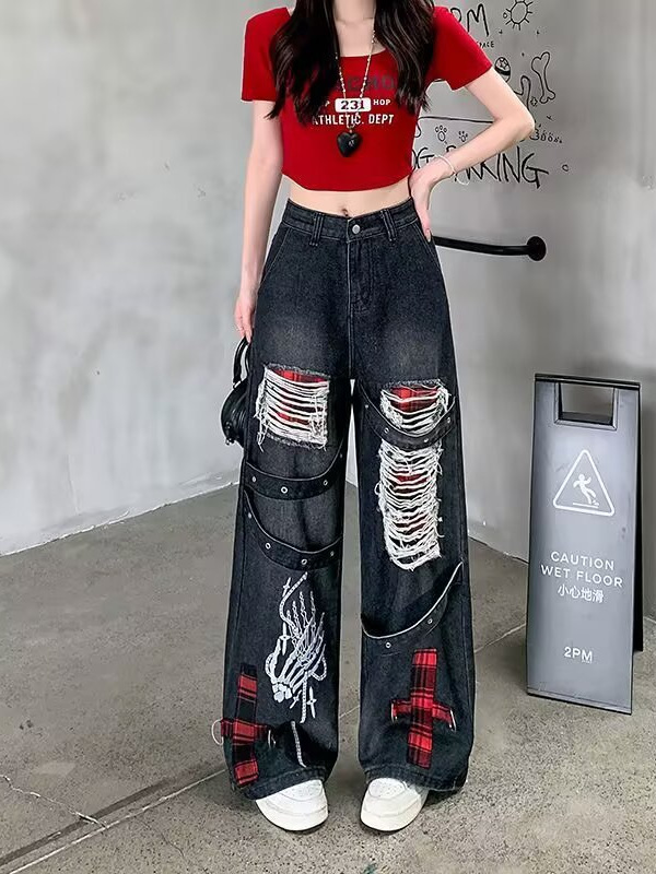 Womens Punk Style Retro Distressed Ripped Wide Leg Jeans - Image 2
