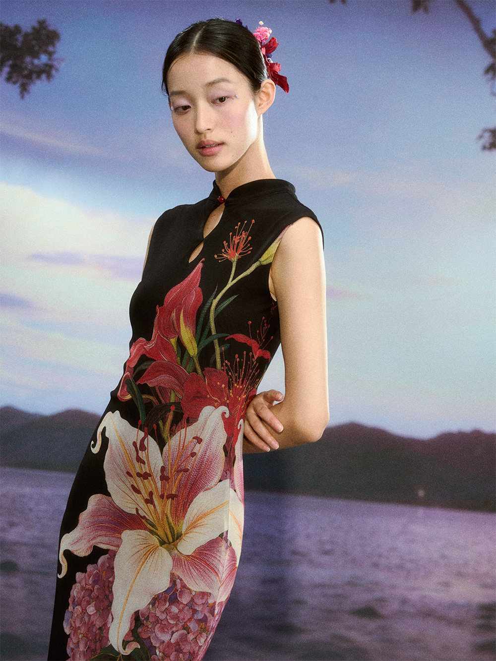 Floral Gradient Mesh Cheongsam Dress - Image 5