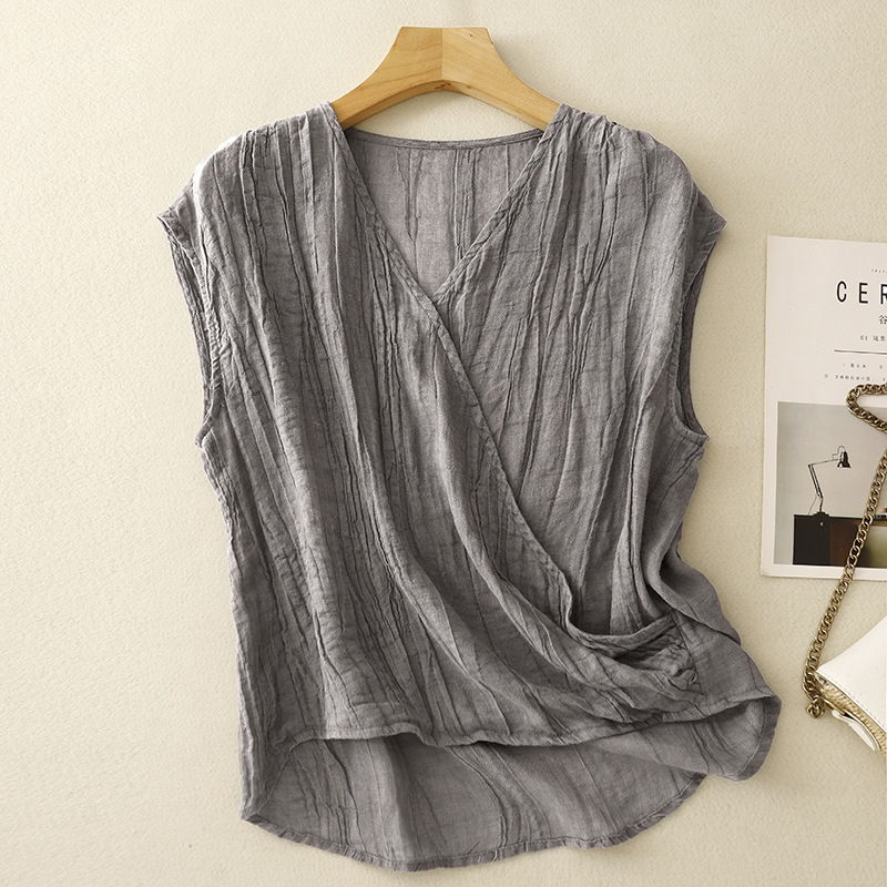 Women's Artistic Retro Sand-Washed V-Neck Patchwork Top with Flowing Sleeves - Image 5
