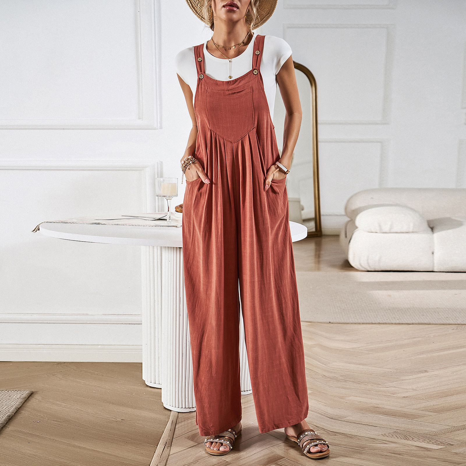 Womens Wide Leg Suspenders Jumpsuit - Image 2