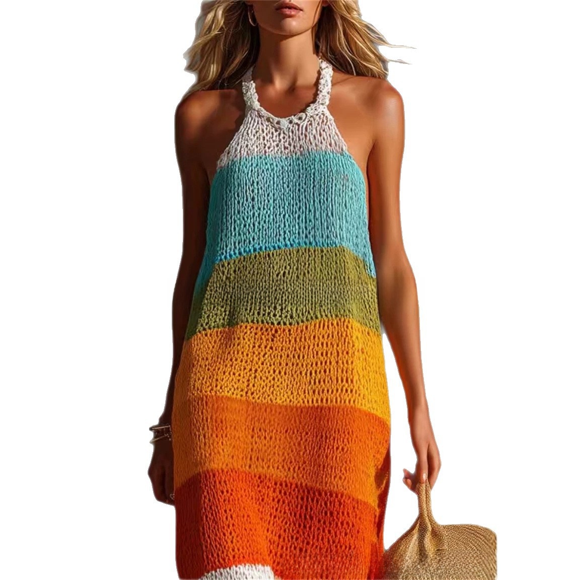 Large Stripe Patchwork Round Neck Sleeveless Knit Long Dress
