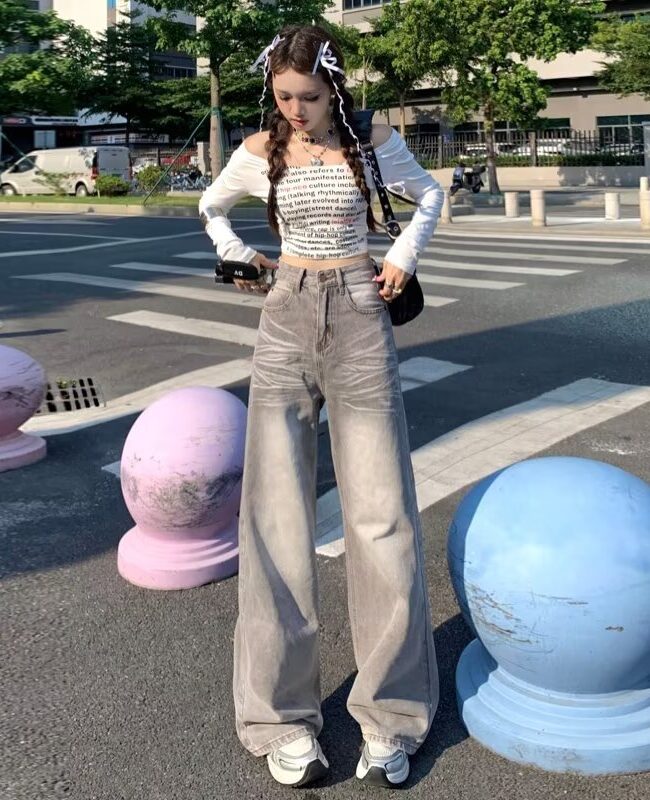 The Jeanne American Retro Loose Fit Wide Leg Denim Pants Detail – La Rose Couture Trousers & Skirts
