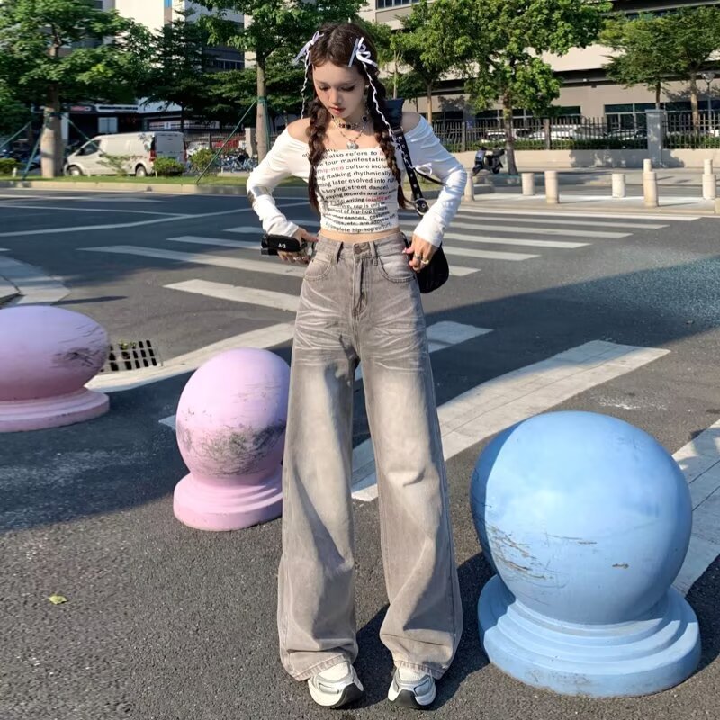 American Retro Loose Fit Wide Leg Denim Pants for Women - Image 4