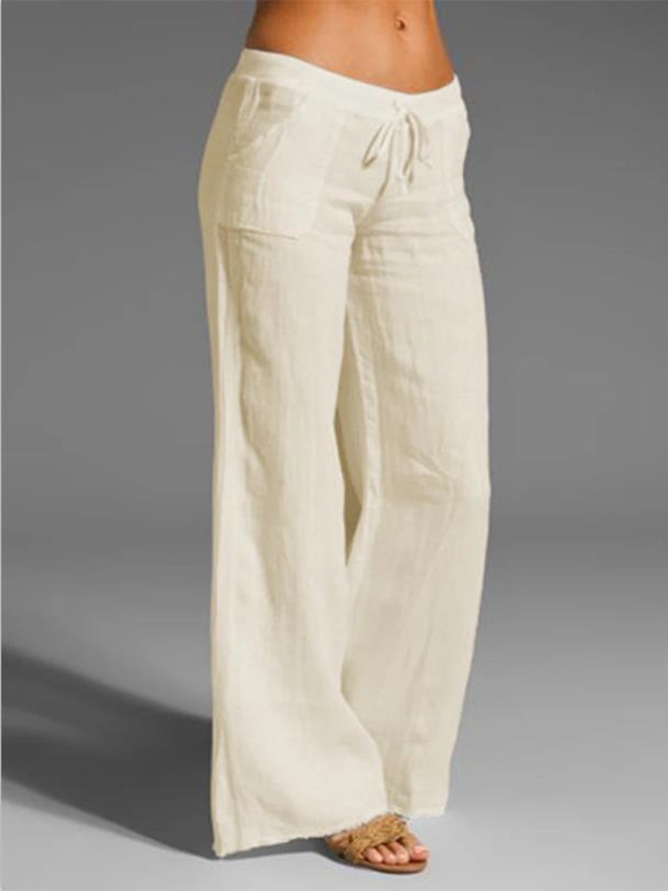 Womens Solid Color Cotton Linen Wide Leg Pants - Image 2