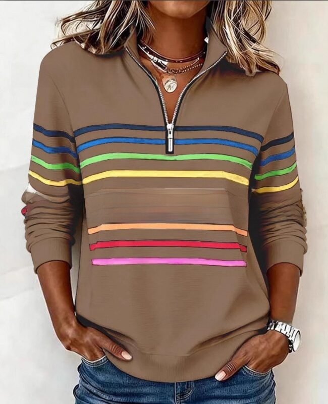 The Cyrielle Colorful Striped Half Zip Stand Collar Long Sleeve Sweatshirt – La Rose Couture Tops & Blouses