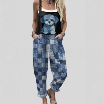 Womens 3D Digital Print Strap Casual Pants - Image 2