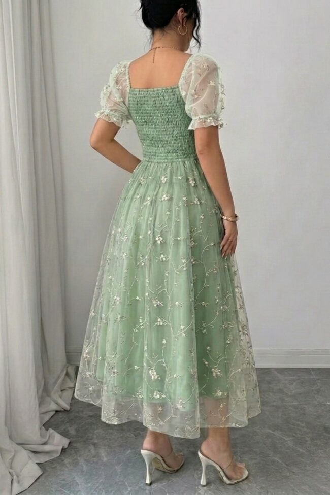 The Clothilde Square Neck Puff Sleeve Embroidered Mesh Midi Dress Detail – La Rose Couture Dresses & Gowns