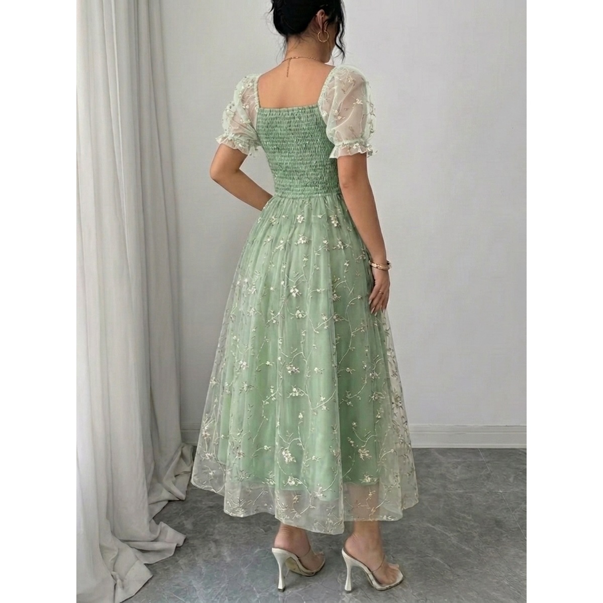 Womens Square Neck Puff Sleeve Embroidered Mesh Midi Dress - Image 4