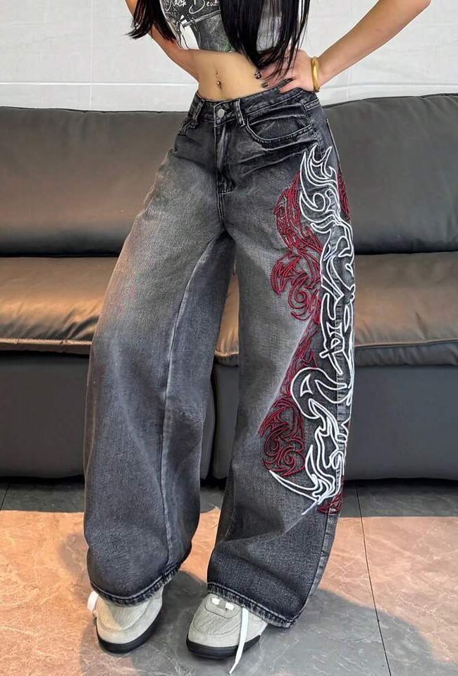 The Valentine Embroidered Dragon Denim Trousers – La Rose Couture Trousers & Skirts