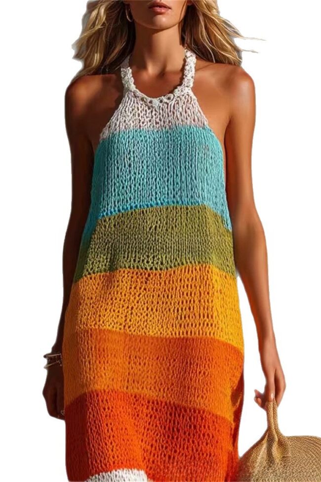 The Delphine Wide Striped Patchwork Round Neck Sleeveless Knitted Fitted Long Dress Detail – La Rose Couture Dresses & Gowns