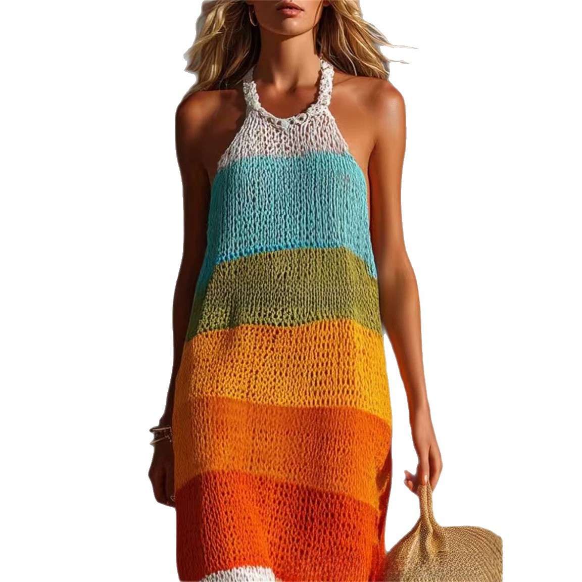 Wide-striped patchwork round-neck sleeveless knitted fitted long dress - Image 4