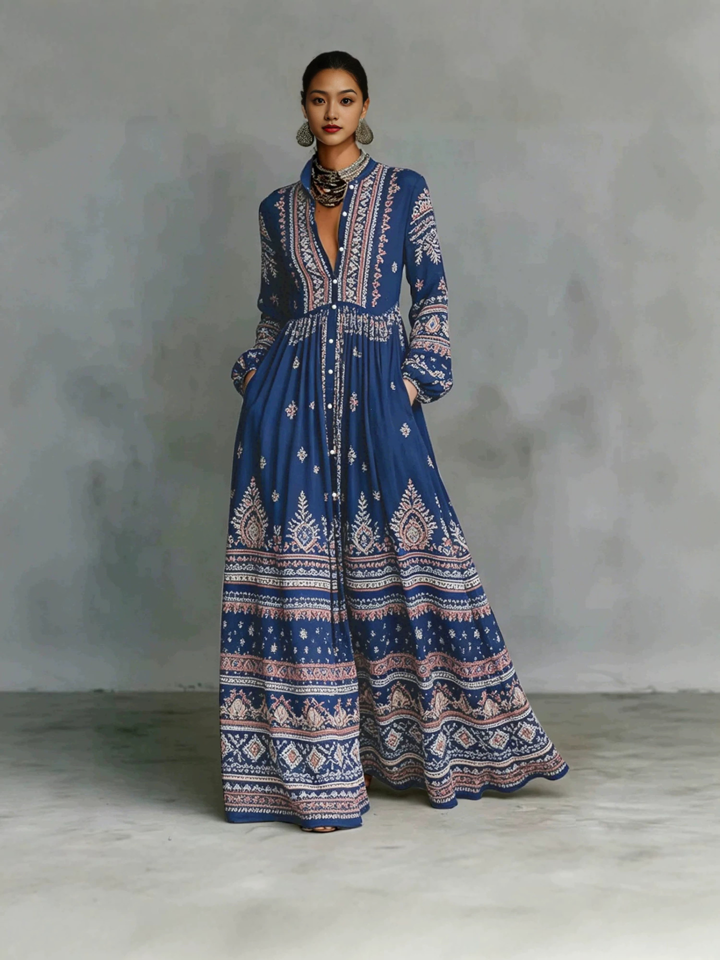 Printed V-neck long-sleeved dress - Image 4
