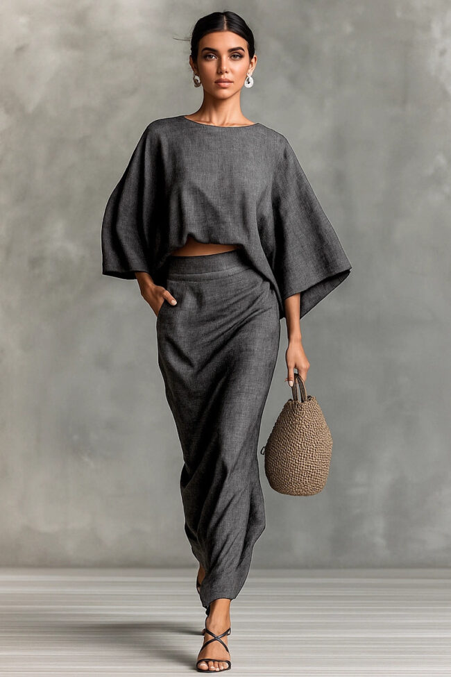 The Virginie High Waist Long Skirt Set with Loose Top Detail – La Rose Couture Trousers & Skirts