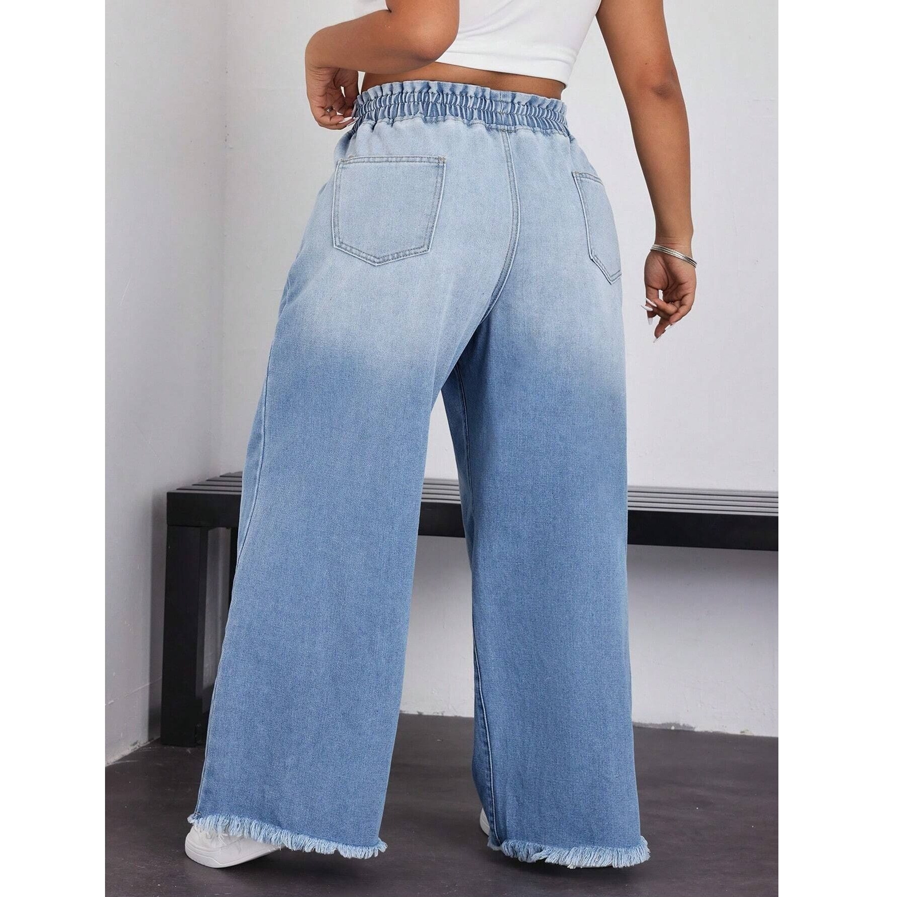 Women's Drawstring Wide Leg Jeans Distressed Raw Hem Trousers - Image 3