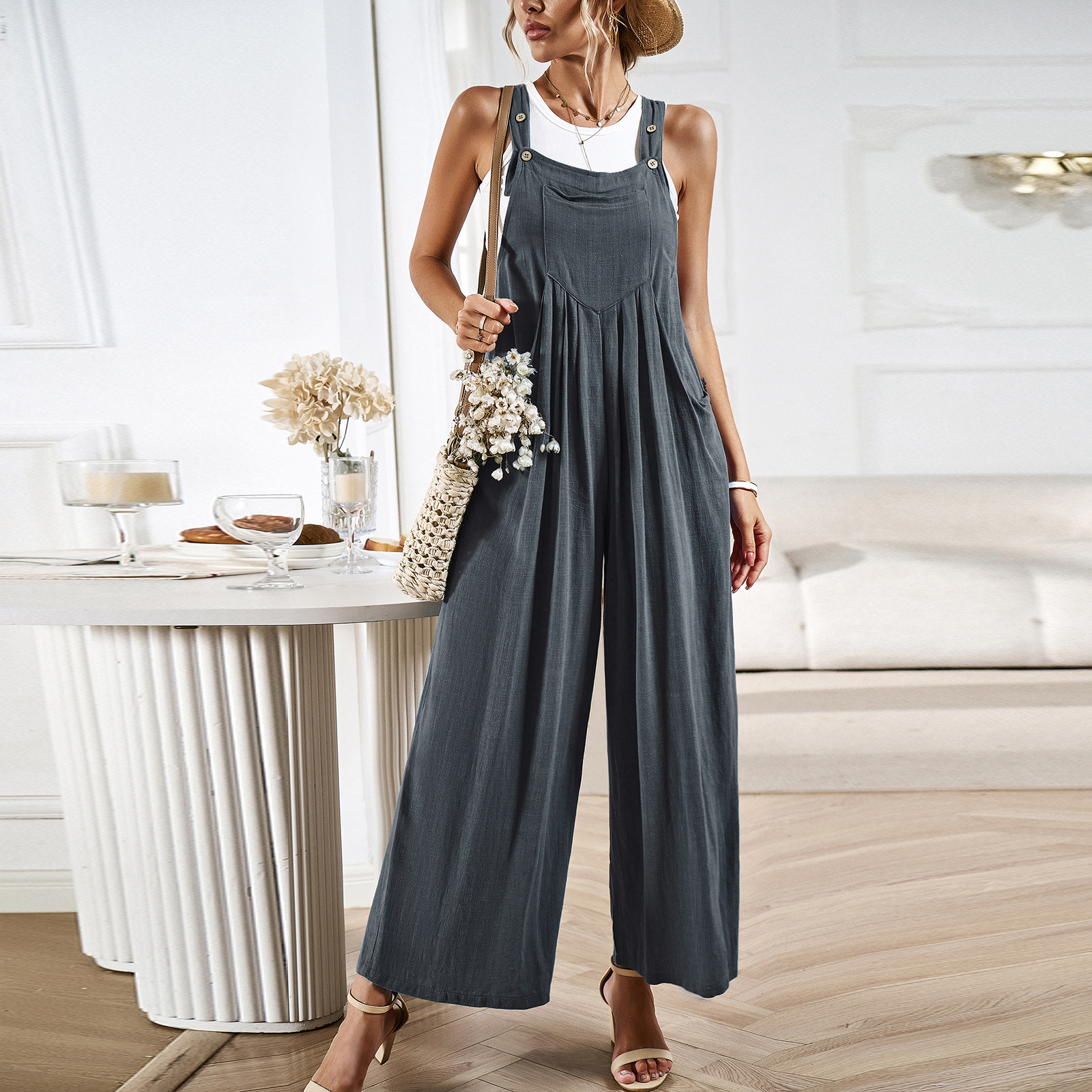 Womens Wide Leg Suspenders Jumpsuit