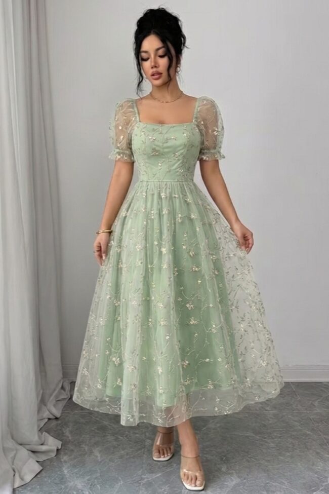 The Clothilde Square Neck Puff Sleeve Embroidered Mesh Midi Dress Detail – La Rose Couture Dresses & Gowns