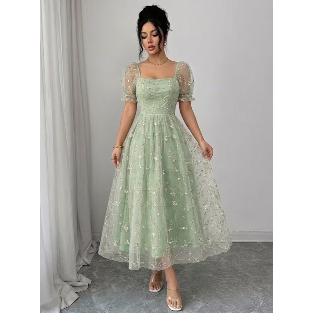 Womens Square Neck Puff Sleeve Embroidered Mesh Midi Dress - Image 2