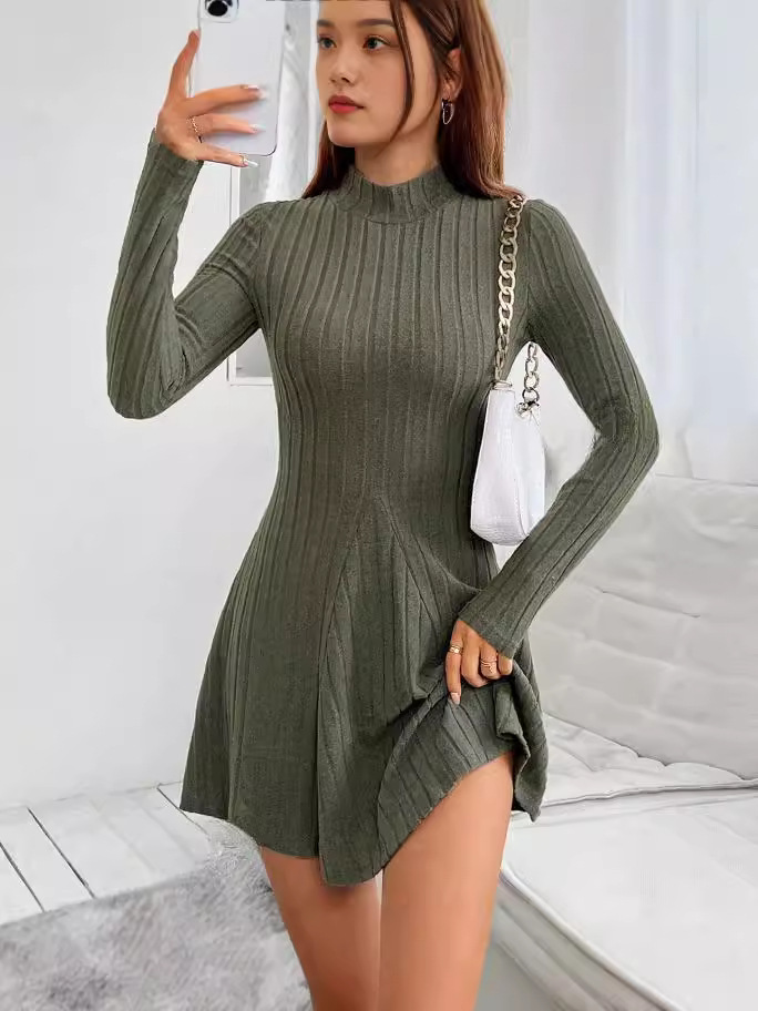 Women's Slim Fit Solid Color Long Sleeve Knitted Dress - Image 3