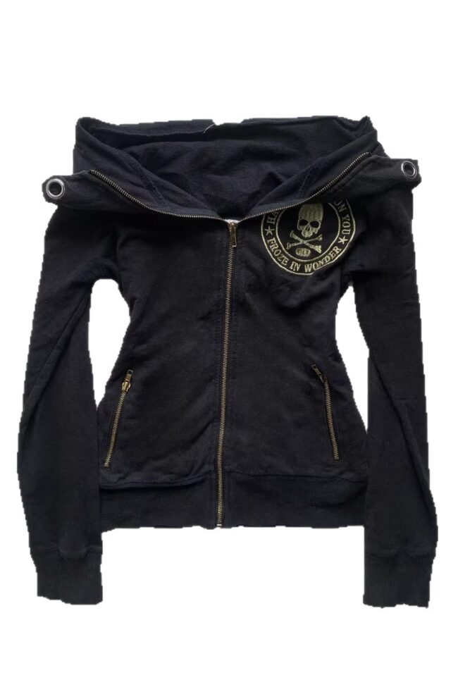 The Laurene Retro Zip Up Hoodie with Skull Embroidery Detail – La Rose Couture Tops & Blouses